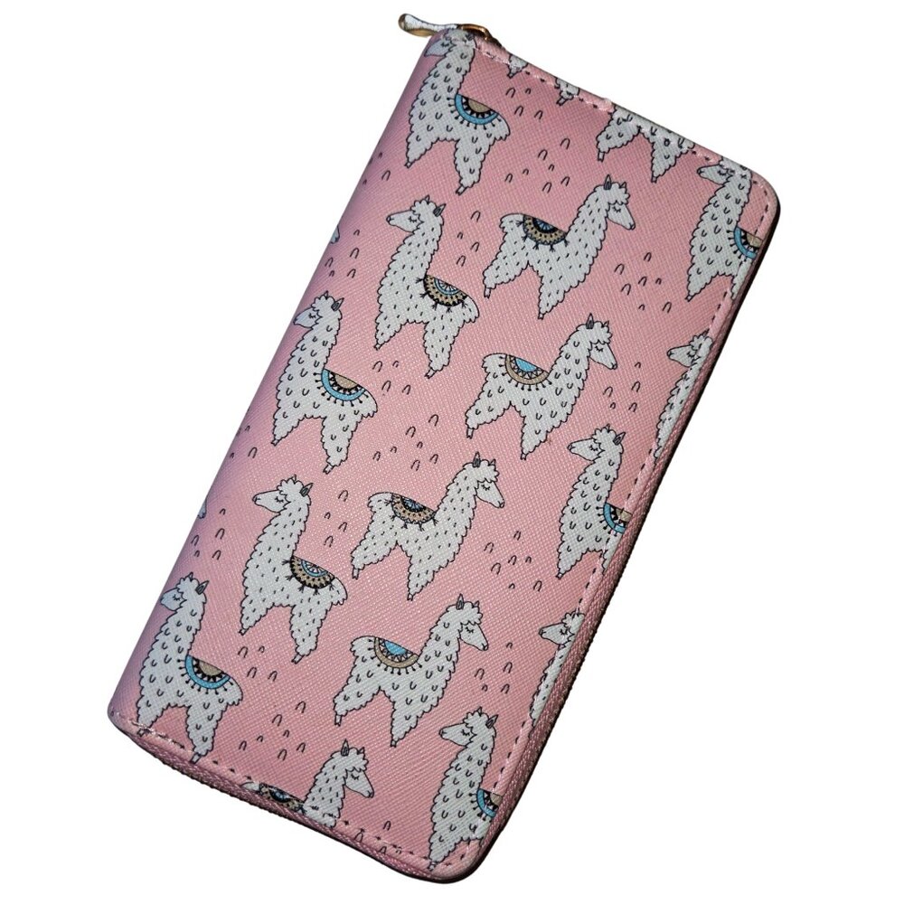 Trendy Organizational Pink with White Lamas Clutch Zippered Phone Wallet